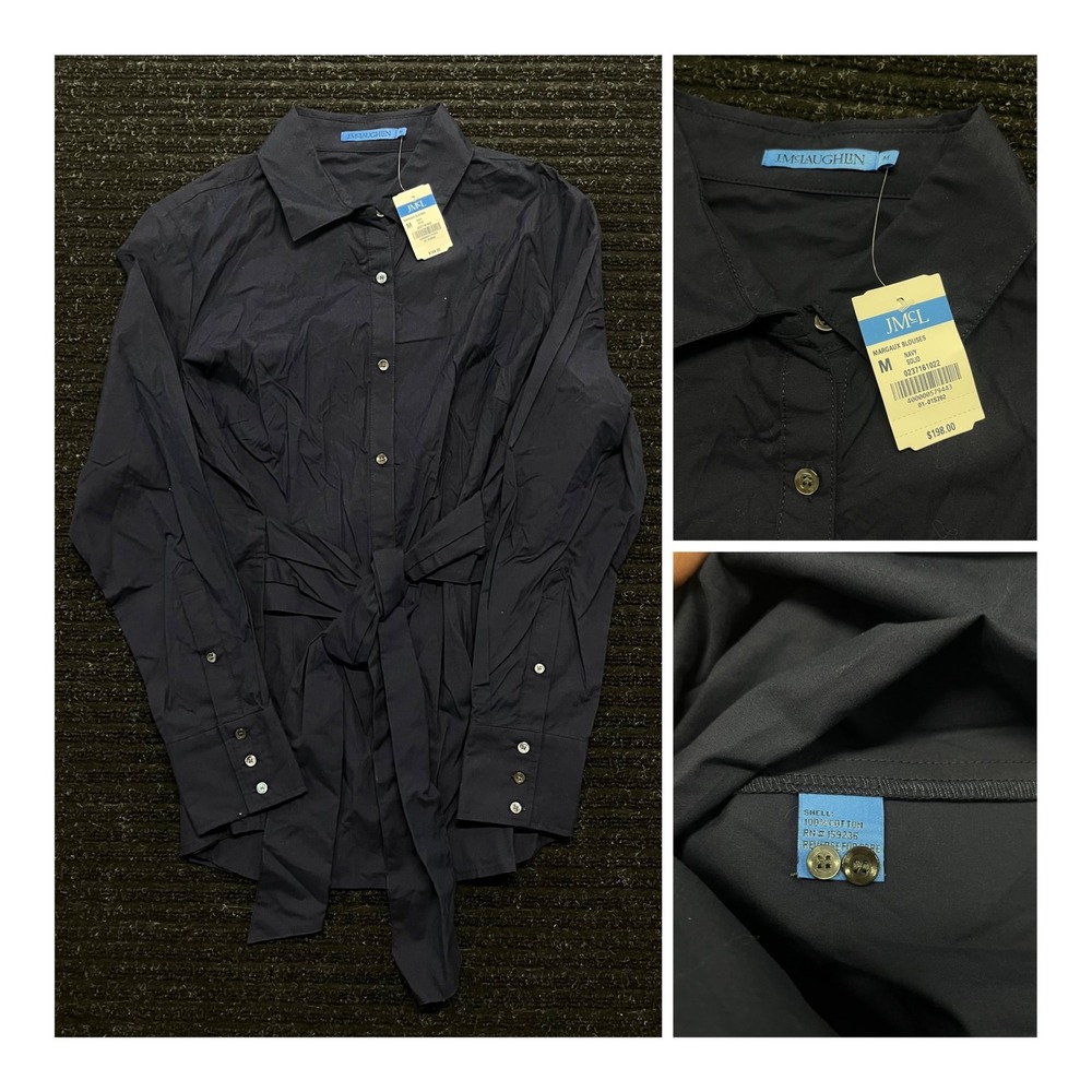 J.McLaughlin Margaux Navy Blue Cotton Tie Waist Button Down Blouse Shirt M BNWT